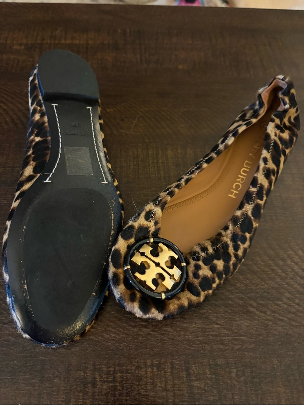 Tory Burch Leopard Haircalf Logo Ballet Flats - Brown & Black - Picture 2 of 3